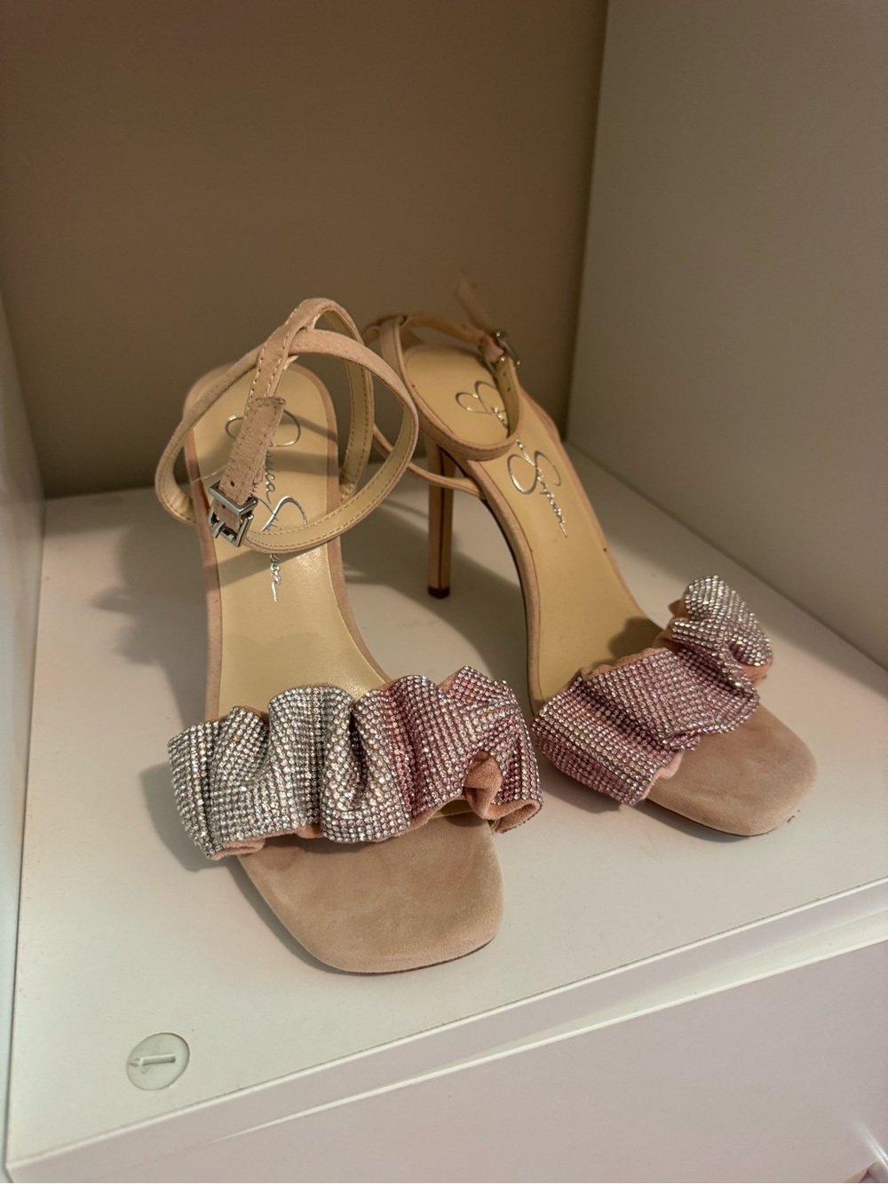 Sergio Rossi Pink Crystal Ruffle Ankle-Strap Sandals